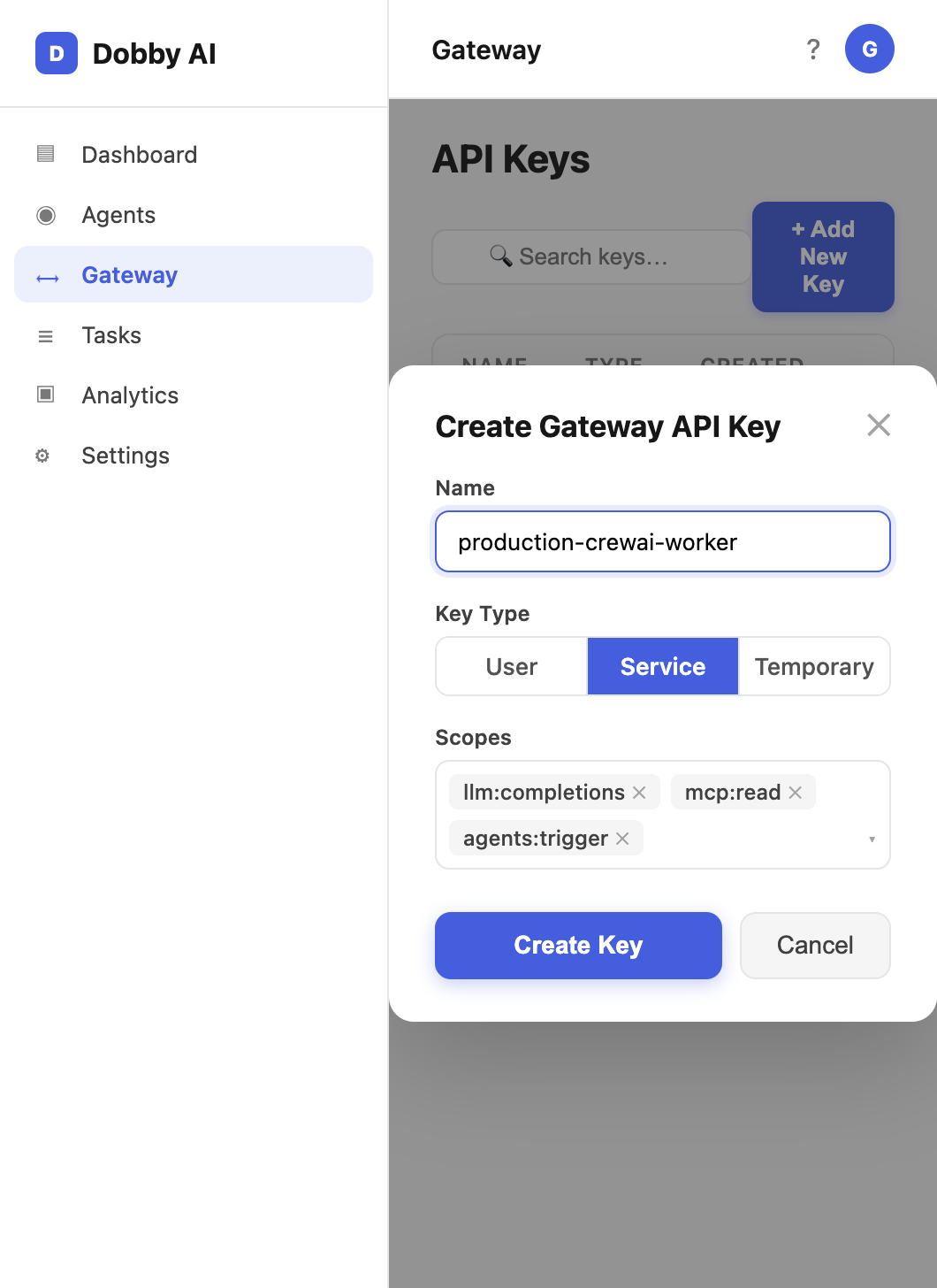 The Create Gateway API Key dialog in the Dobby dashboard, with Name, Key Type (User / Service / Temporary), and Scopes fields.